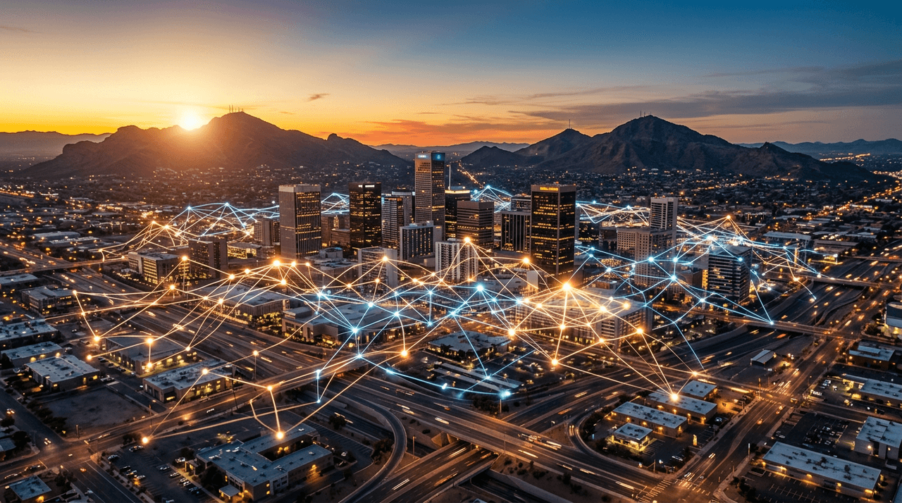 Phoenix Arizona skyline at sunset representing LocalLoopAI's home market for AI-powered digital marketing
